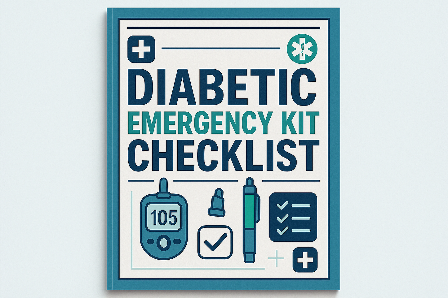 generate a magazine like cover Diabetic Emergency Kit Checklist with no author name on it